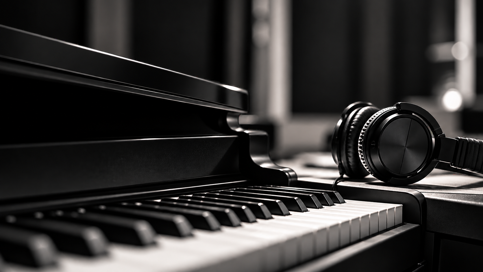 Black and white piano and headphones used as the Hummingbird & Maskarade homepage hero